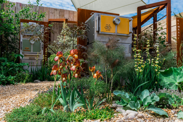 Outdoor charcoal oven at RHS Chelsea Flower Show 2022 on the Harrison Oven trade stand with a garden that reflects foraging and re-wilding.