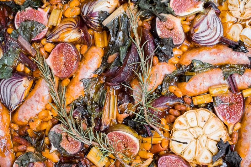 Autumn sticky sausage traybake with figs and smoky beans