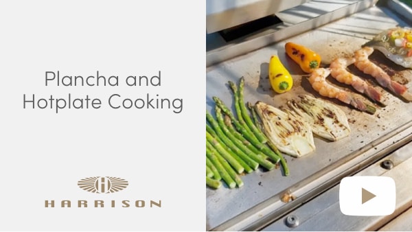 Seafood and vegetables cooking on the plancha of a Harrison Atom